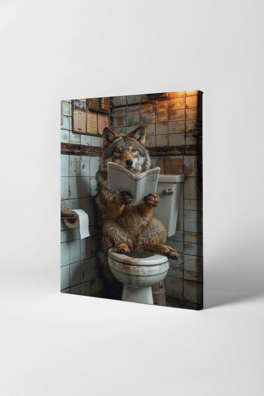 Fotografie Poster Wolf liest Zeitung Badezimmer