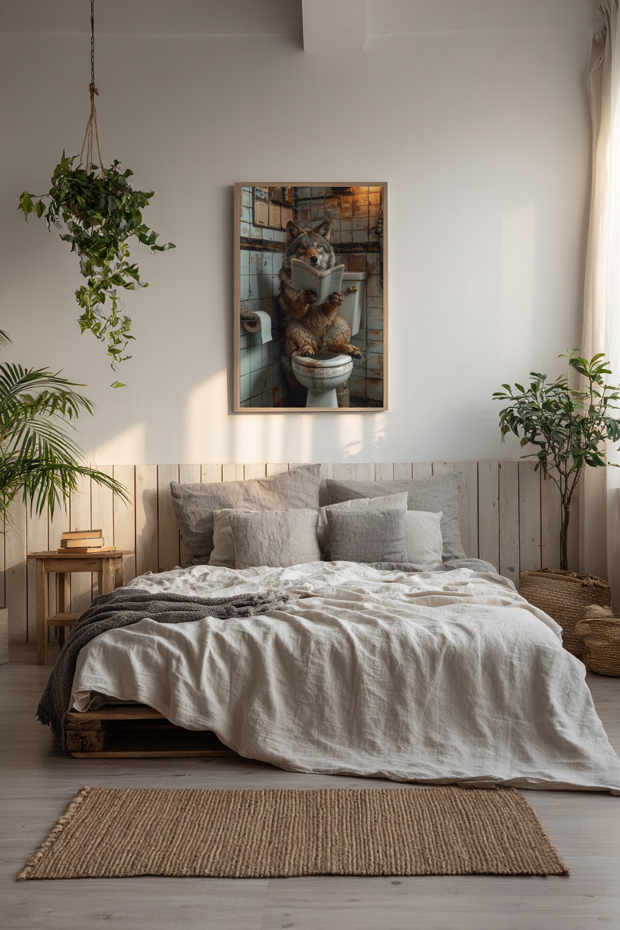 Fotografie Poster Wolf liest Zeitung Badezimmer