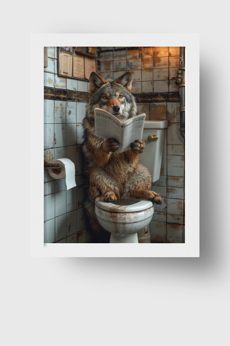 Fotografie Poster Wolf liest Zeitung Badezimmer