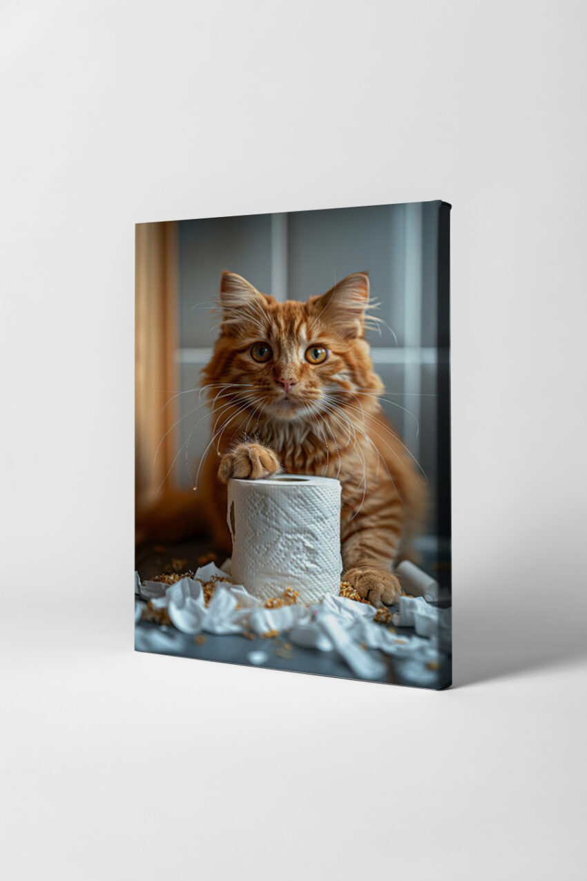 Fotografie Poster rote Katze mit Klopapier Nahaufnahme