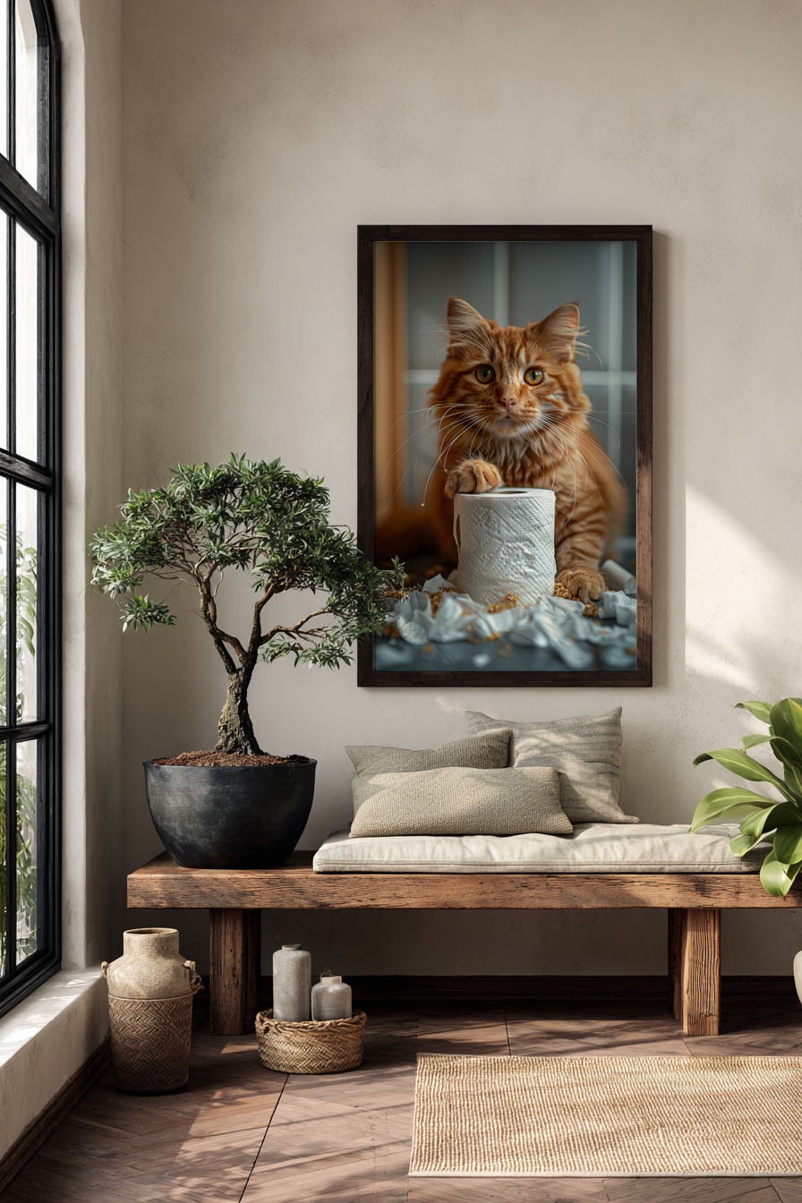 Fotografie Poster rote Katze mit Klopapier Nahaufnahme