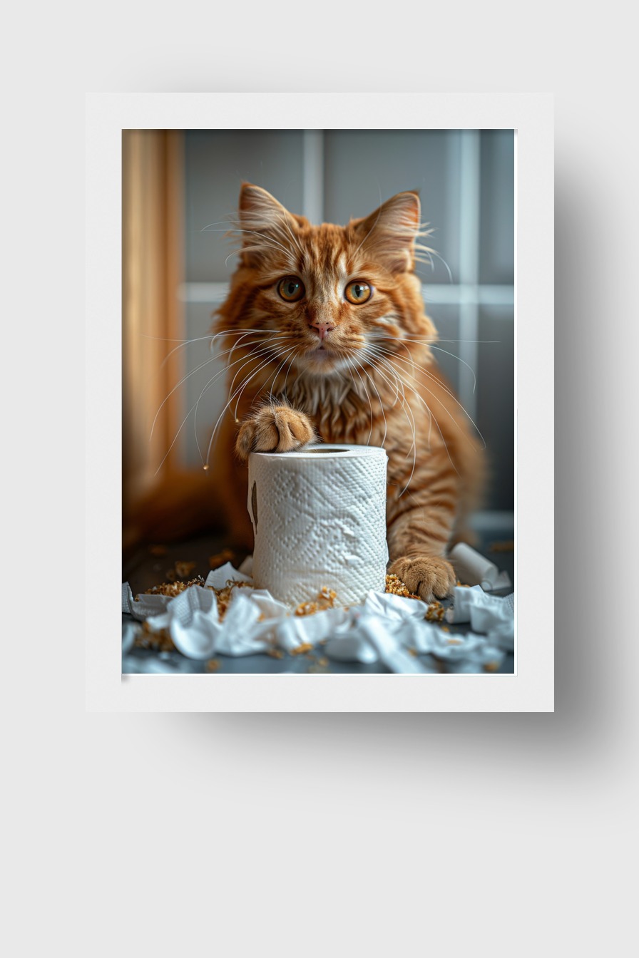 Fotografie Poster rote Katze mit Klopapier Nahaufnahme