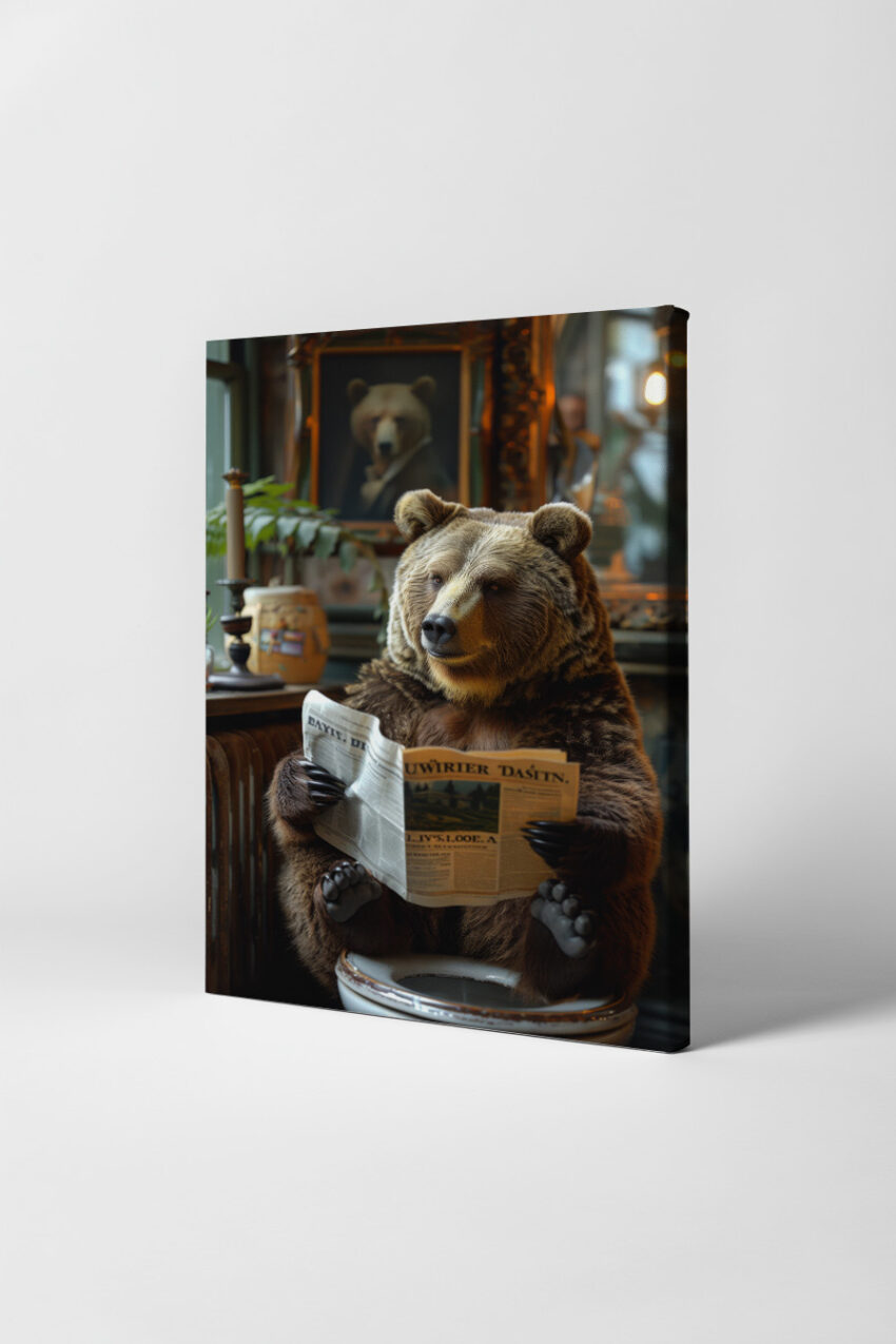 Fotografie Poster Bär liest Zeitung Innenraum warm