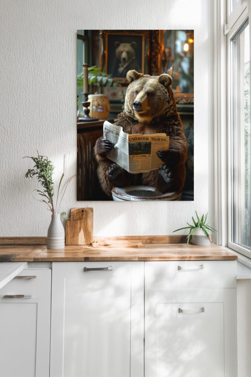 Fotografie Poster Bär liest Zeitung Innenraum warm