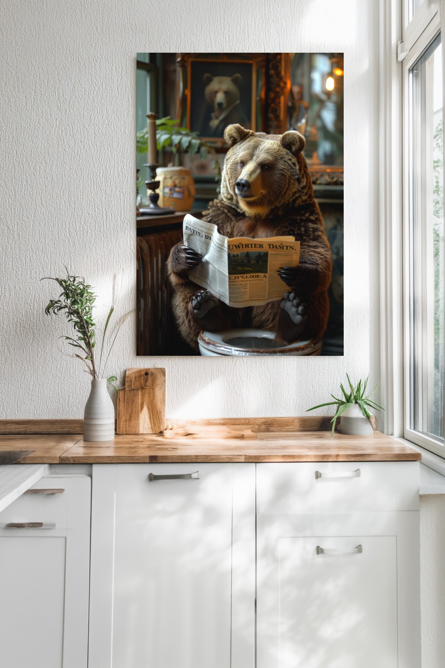 Fotografie Poster Bär liest Zeitung Innenraum warm