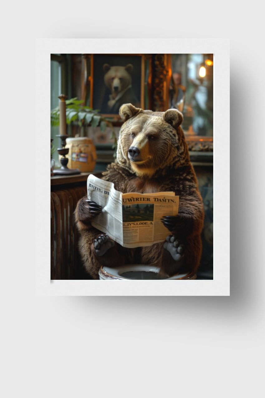 Fotografie Poster Bär liest Zeitung Innenraum warm