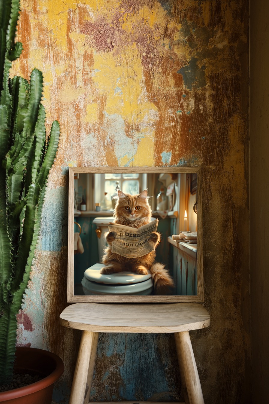 Fotografie Poster Katze Zeitung rot indoor