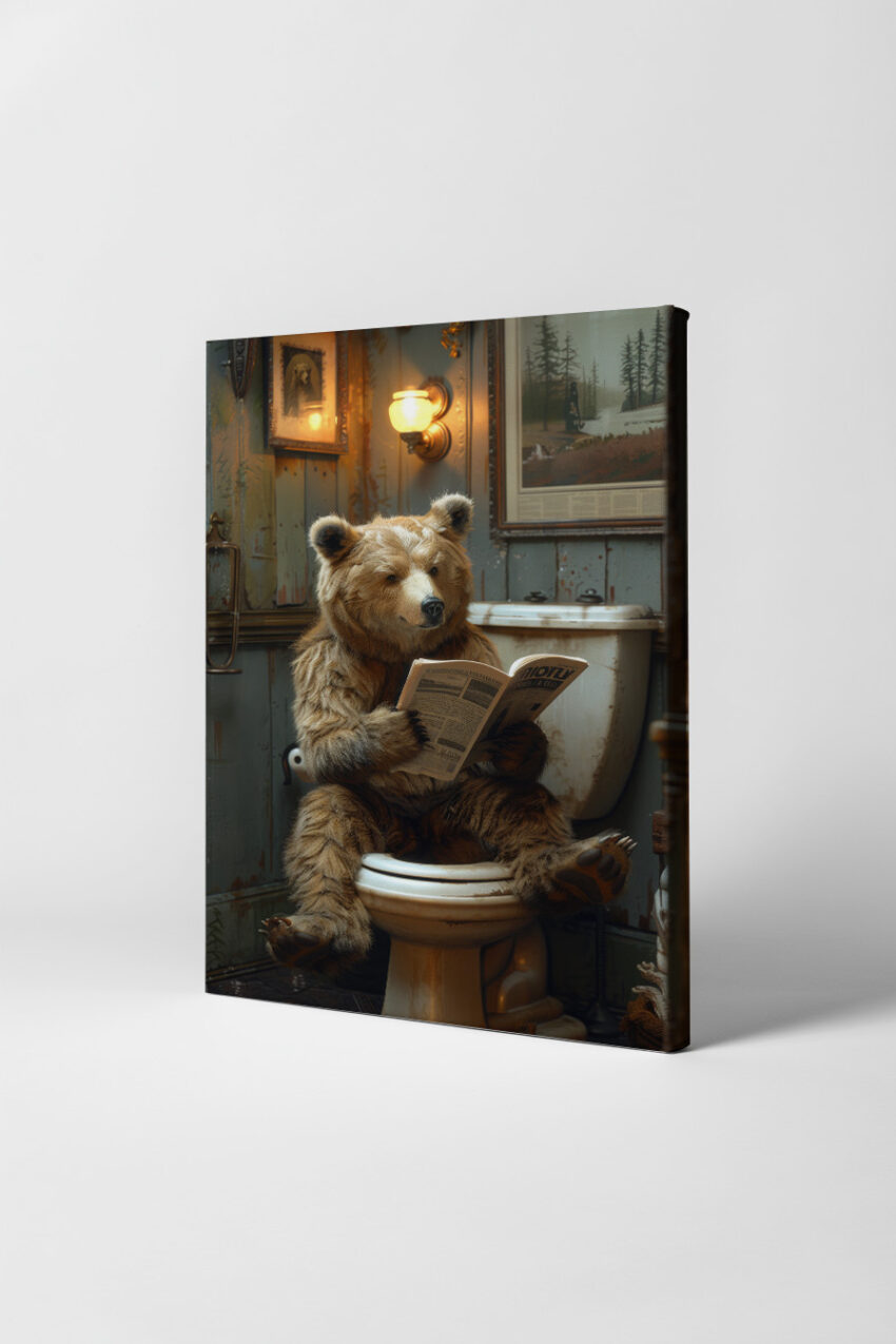 Fotografie Poster Bär Toilette Zeitung lesend braun