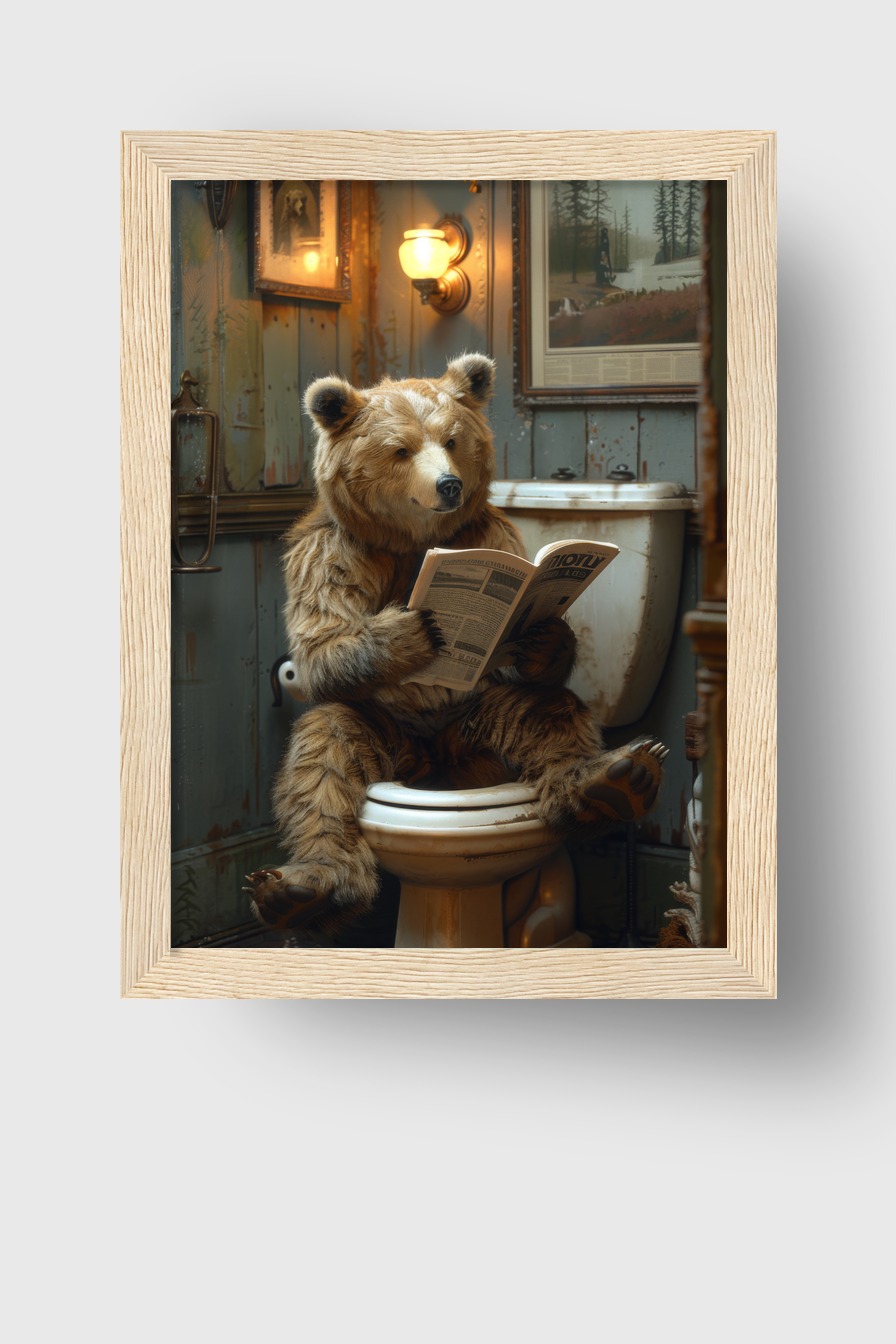 Fotografie Poster Bär Toilette Zeitung lesend braun