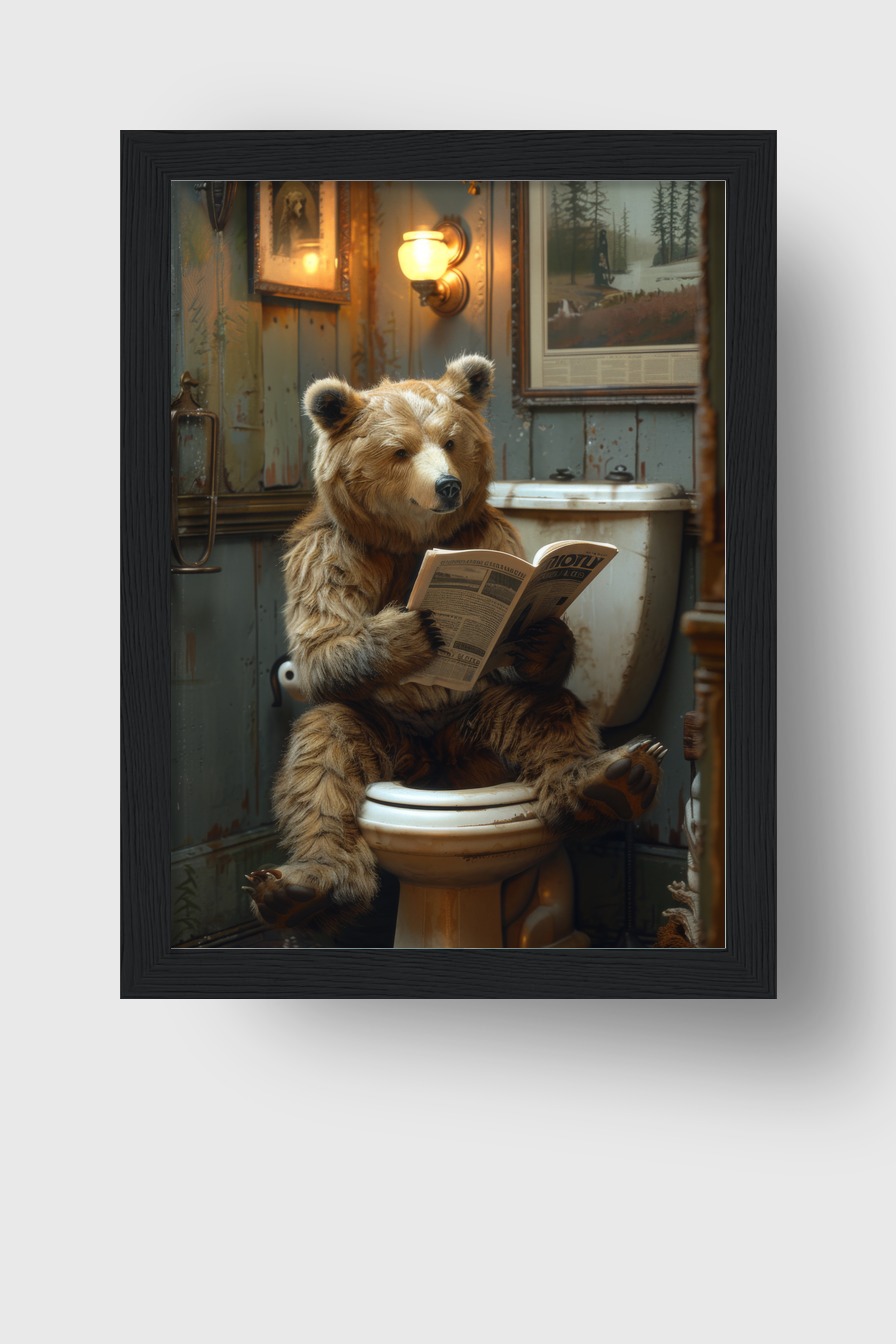 Fotografie Poster Bär Toilette Zeitung lesend braun