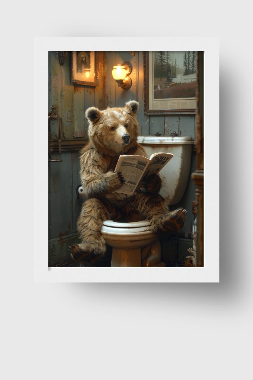 Fotografie Poster Bär Toilette Zeitung lesend braun