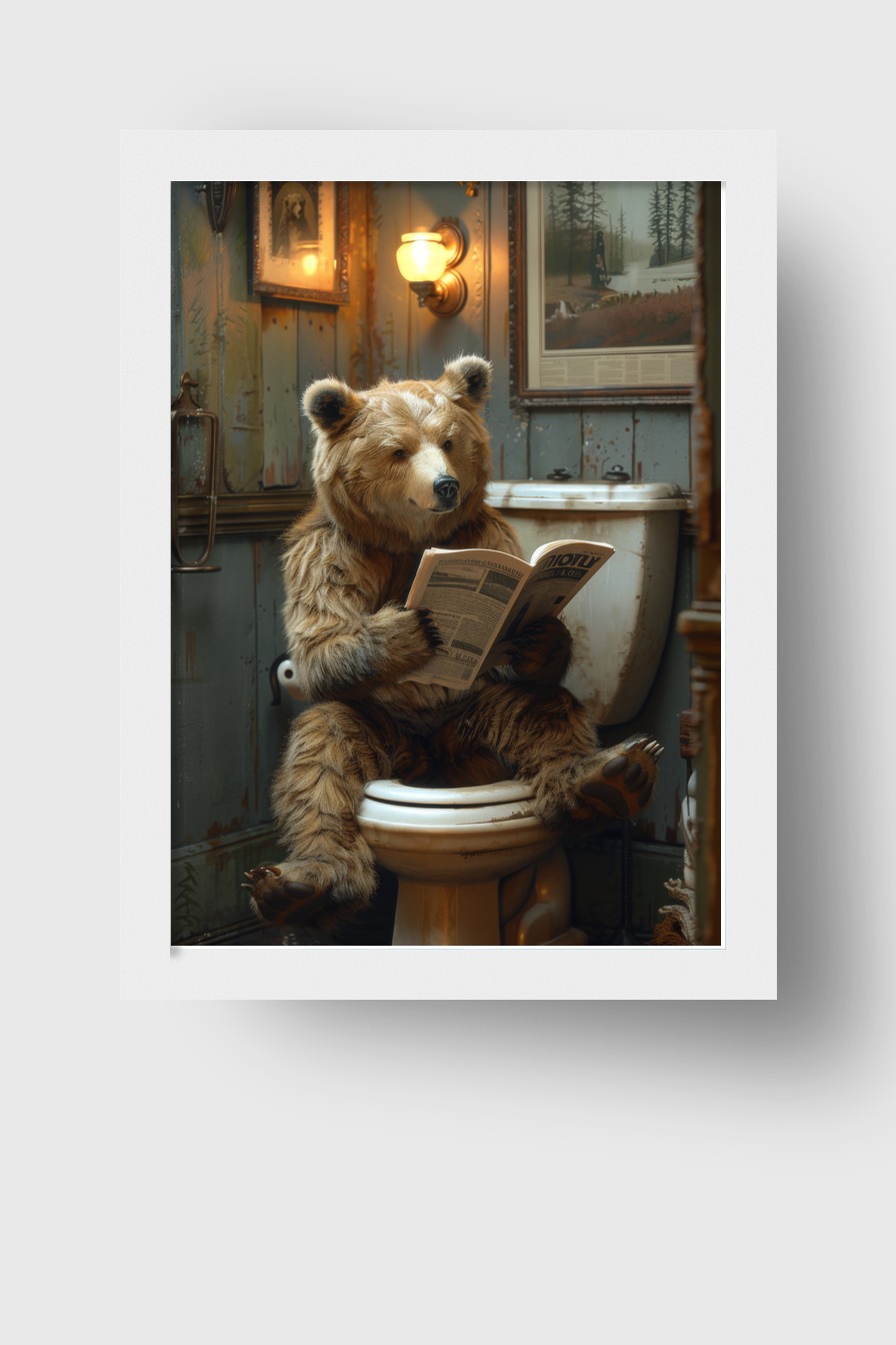 Fotografie Poster Bär Toilette Zeitung lesend braun