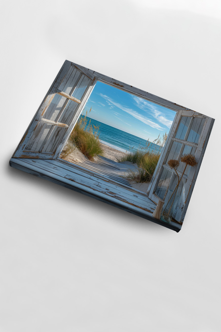 Fotografie Poster Strandblick Fenster Meer blau