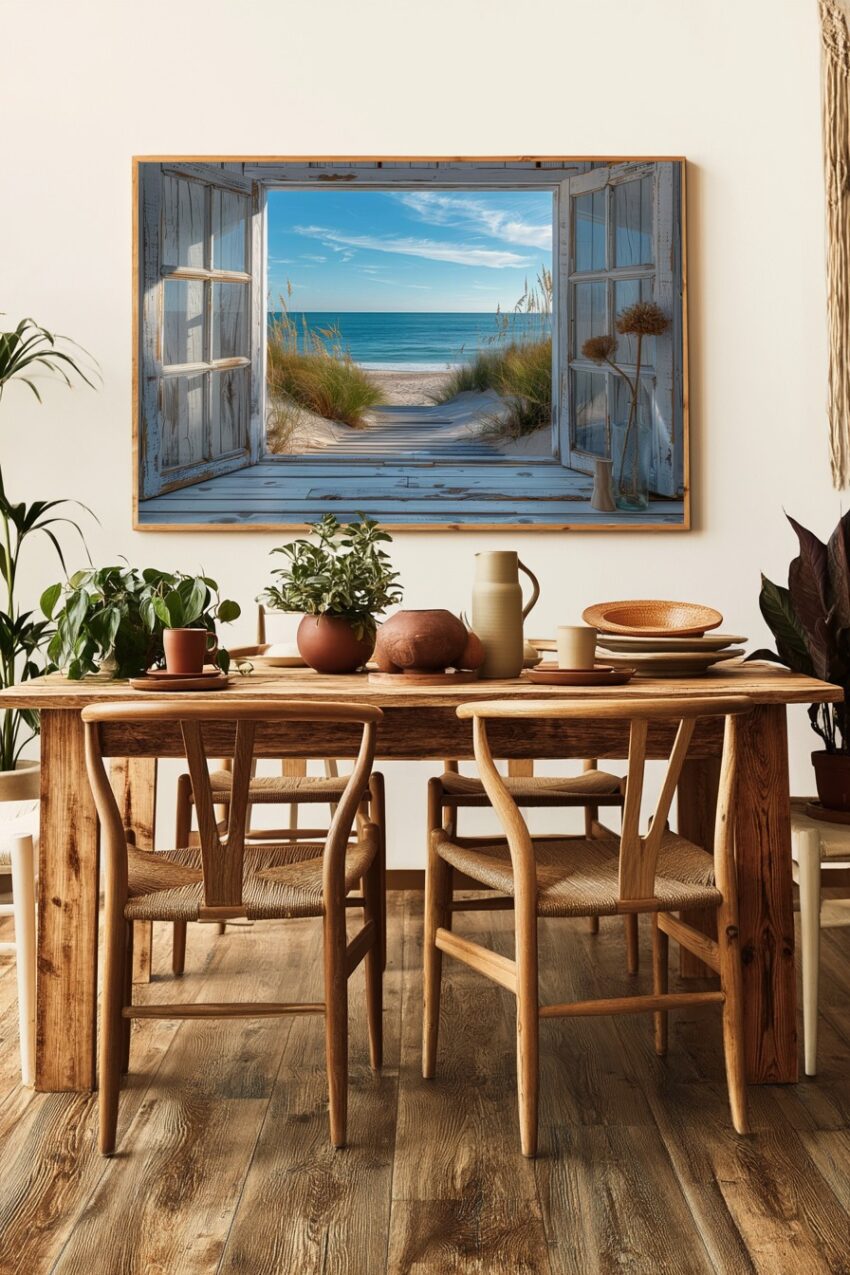 Fotografie Poster Strandblick Fenster Meer blau
