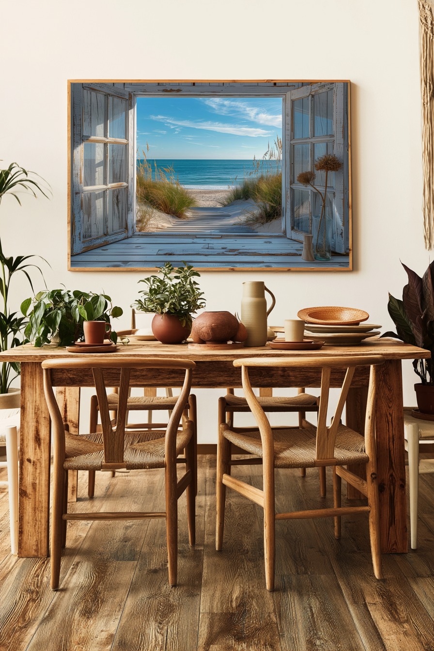 Fotografie Poster Strandblick Fenster Meer blau