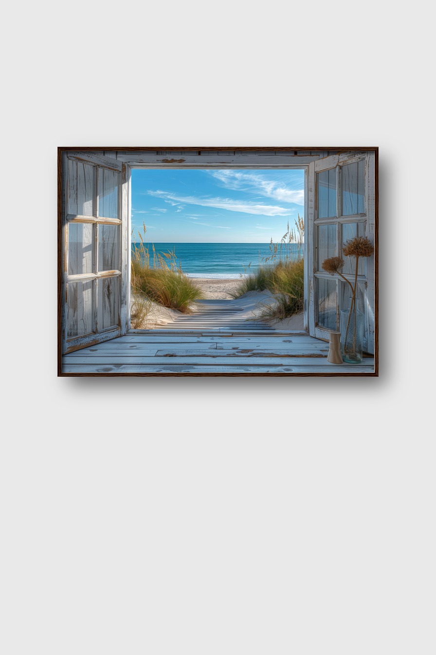 Fotografie Poster Strandblick Fenster Meer blau