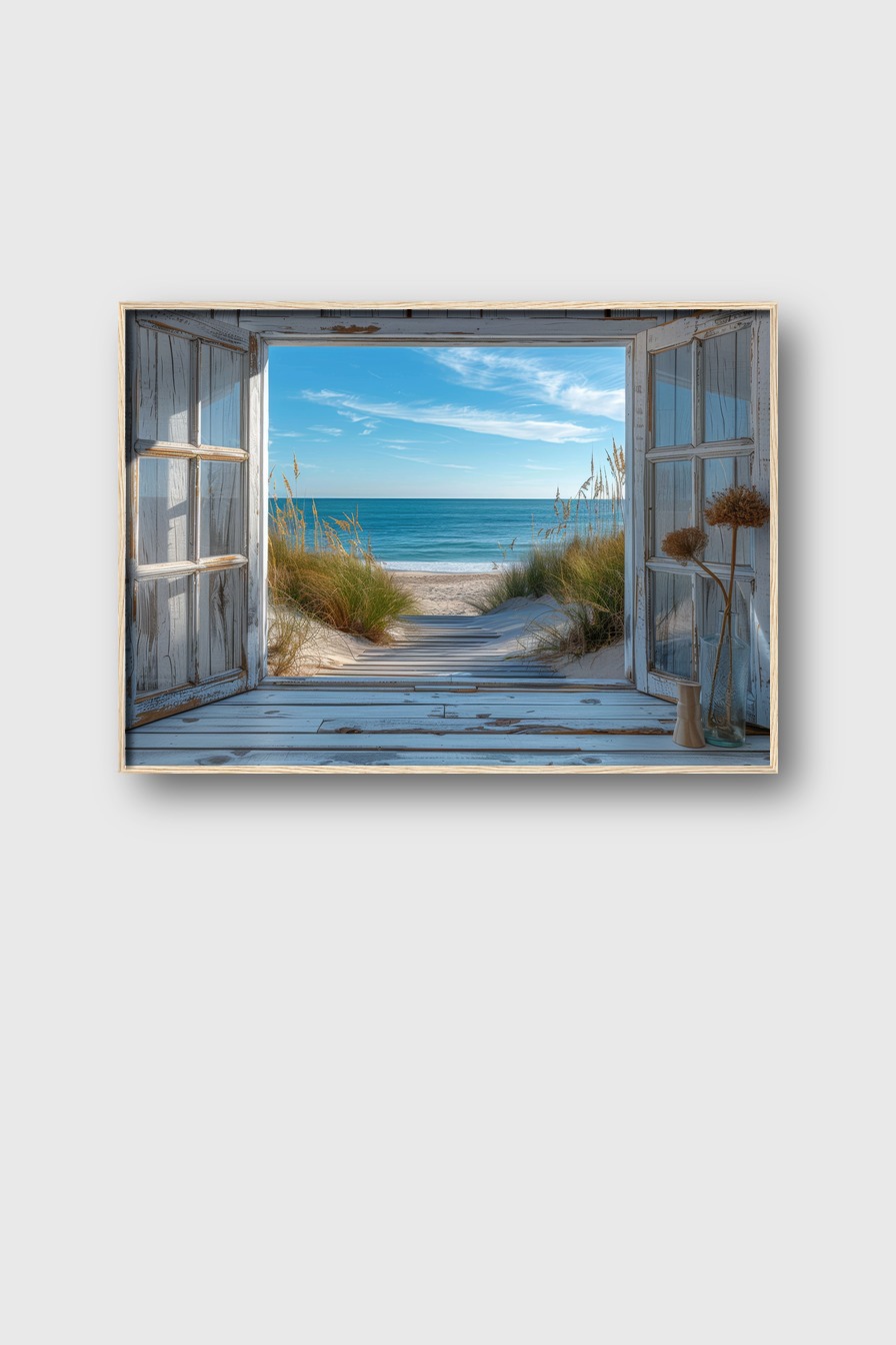 Fotografie Poster Strandblick Fenster Meer blau