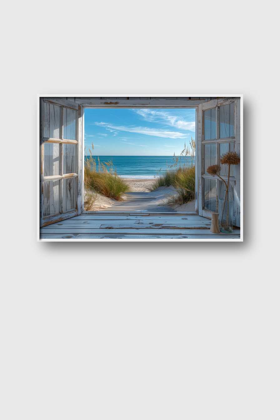 Fotografie Poster Strandblick Fenster Meer blau