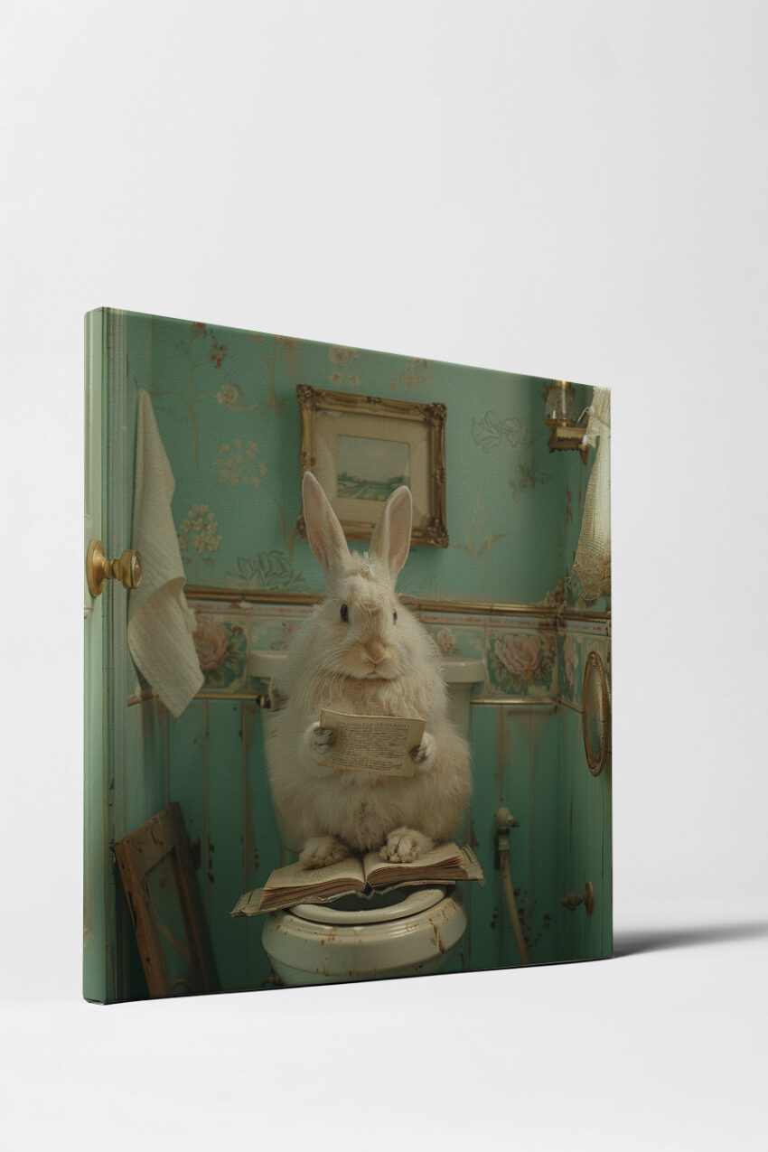 Fotografie Poster Kaninchen lesend Buch Vintage Badezimmer