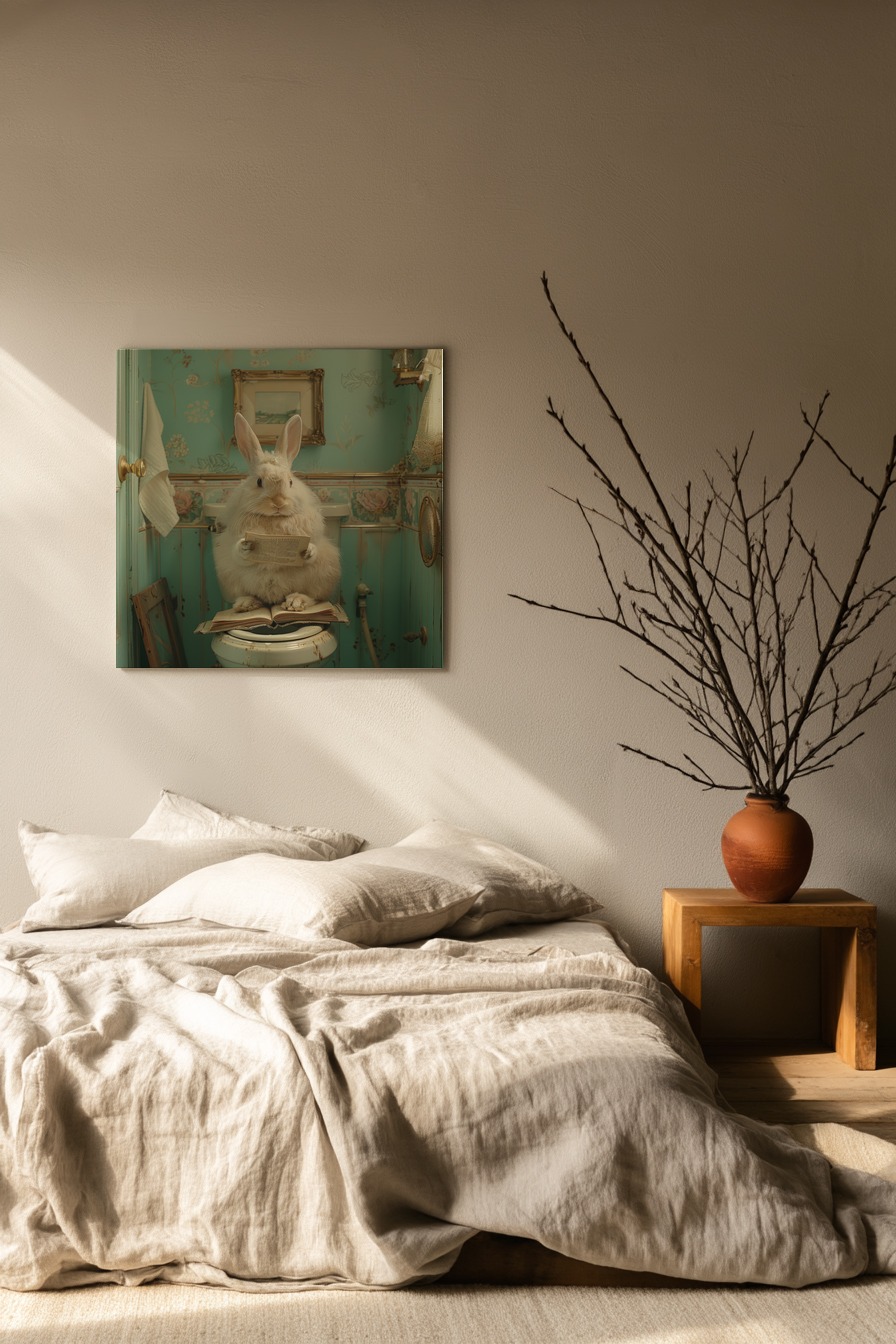 Fotografie Poster Kaninchen lesend Buch Vintage Badezimmer