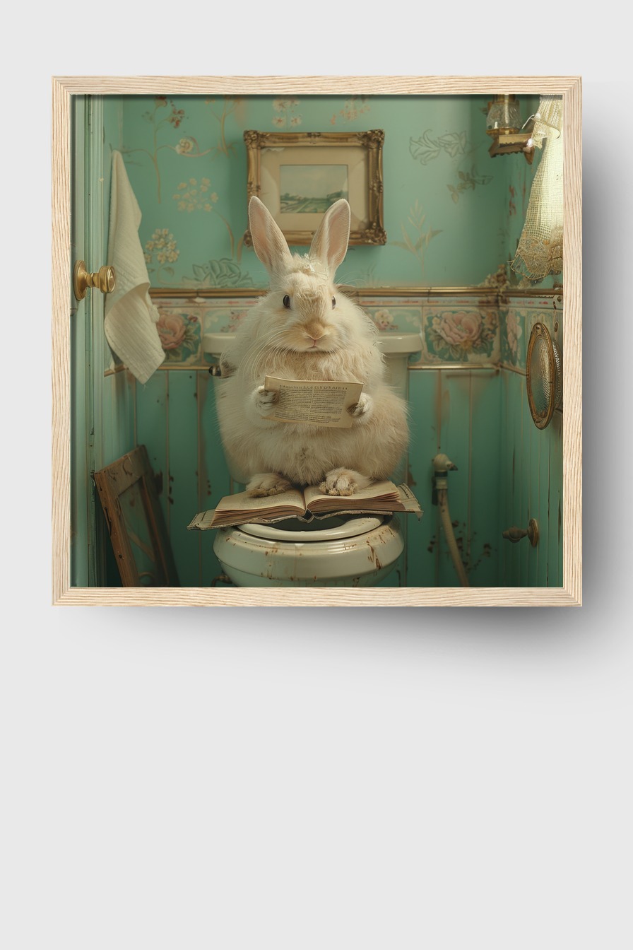 Fotografie Poster Kaninchen lesend Buch Vintage Badezimmer