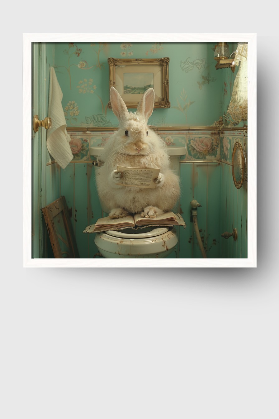 Fotografie Poster Kaninchen lesend Buch Vintage Badezimmer