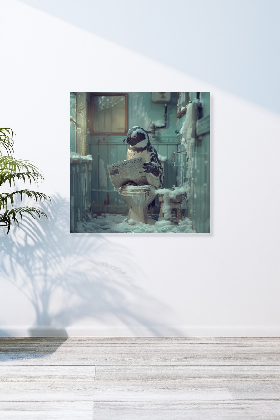 Fotografie Poster Pinguin liest Zeitung Bad Szene