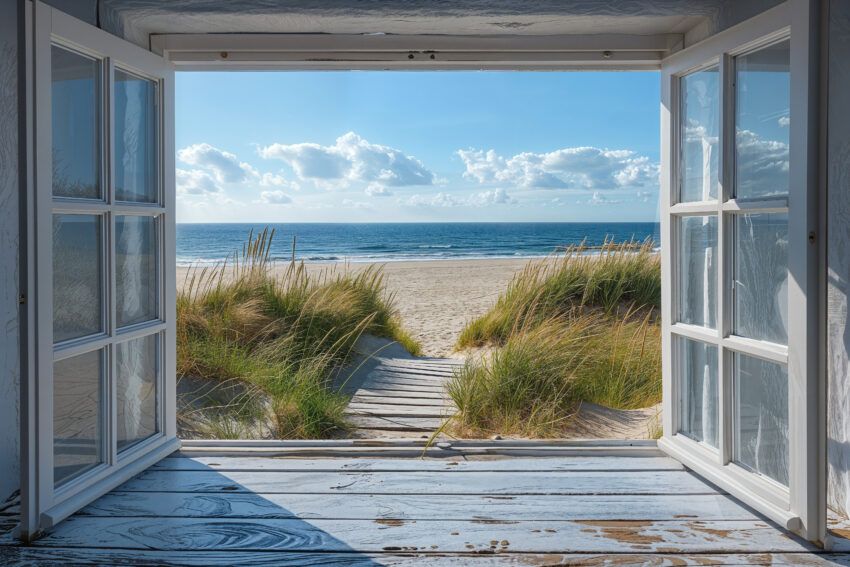 Fotografie Poster Strandblick offenes Fenster Dünen Meer blau