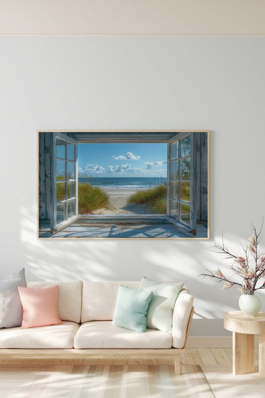 Fotografie Poster Strandblick Dünen blau sand