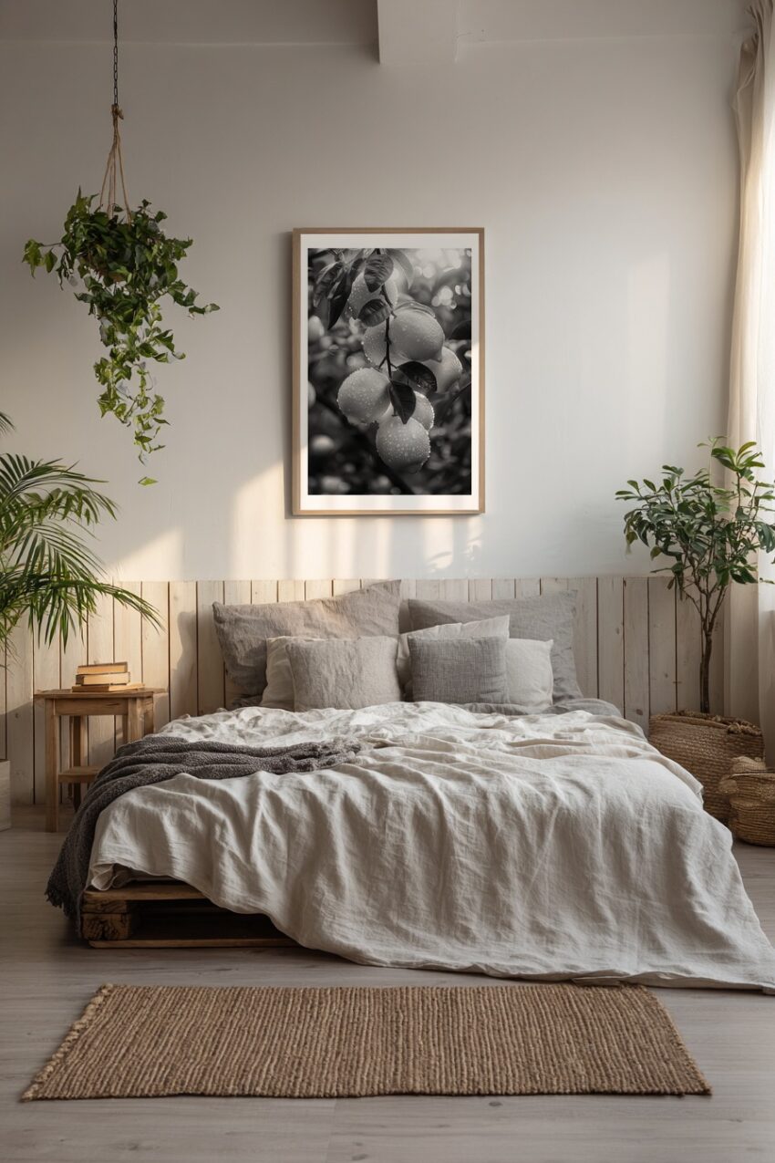 Fotografie Poster Zitronenzweig Schwarz-Weiß Tautropfen