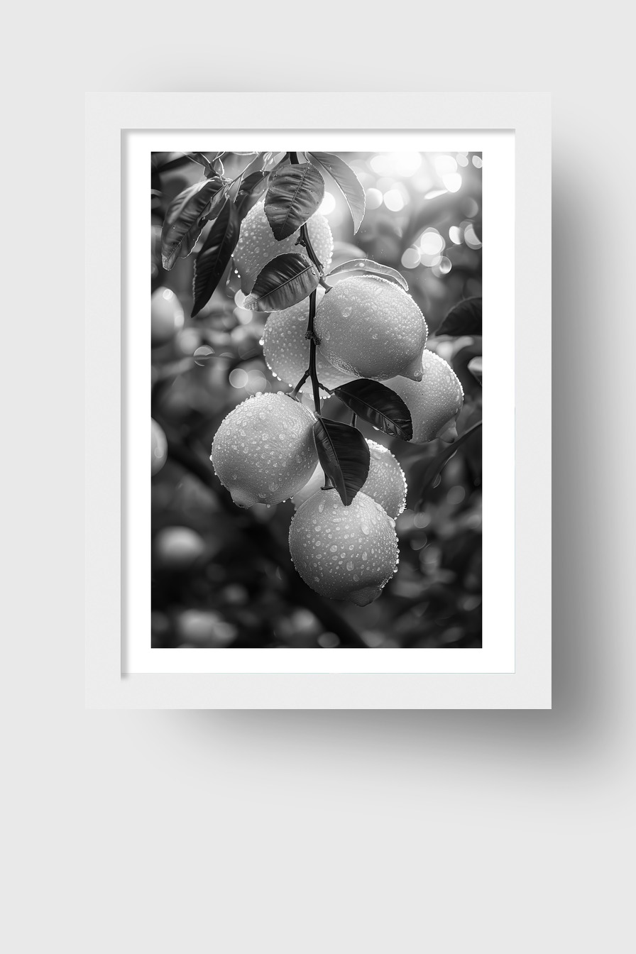 Fotografie Poster Zitronenzweig Schwarz-Weiß Tautropfen