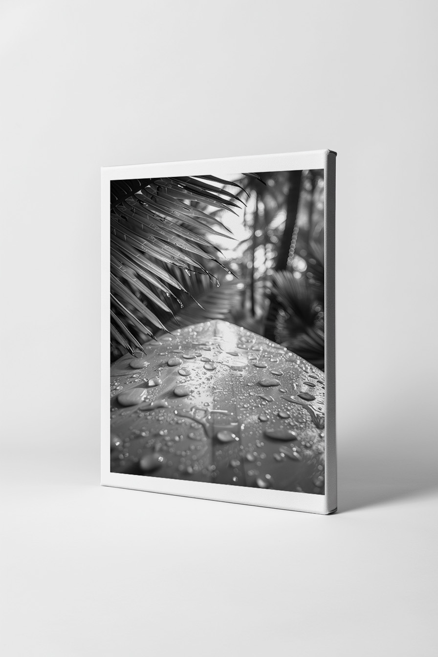 Fotografie Poster Bananenblatt Wassertropfen schwarzweiß