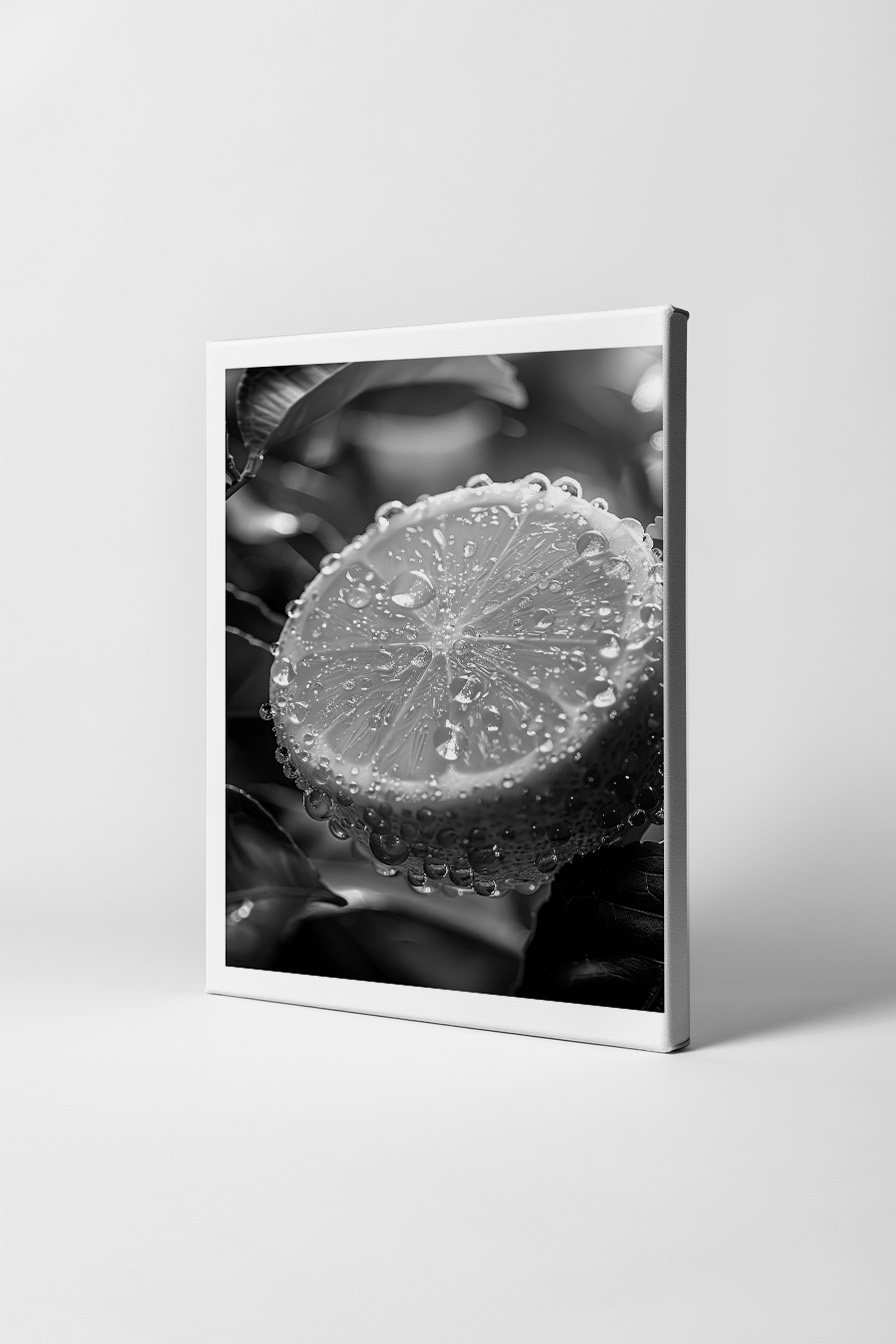 Fotografie Poster Zitrone Nahaufnahme Wassertropfen schwarzweiß