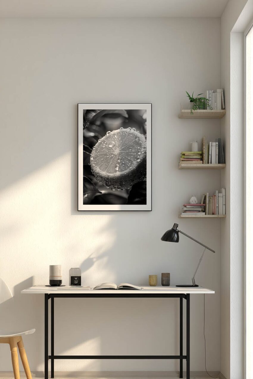 Fotografie Poster Zitrone Nahaufnahme Wassertropfen schwarzweiß