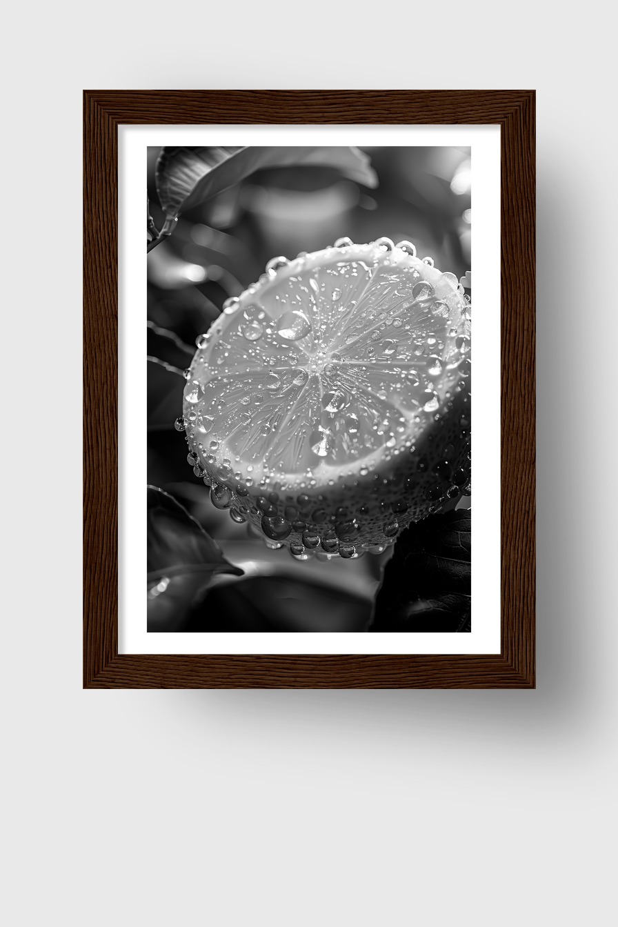 Fotografie Poster Zitrone Nahaufnahme Wassertropfen schwarzweiß