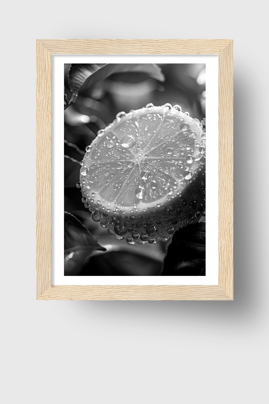 Fotografie Poster Zitrone Nahaufnahme Wassertropfen schwarzweiß