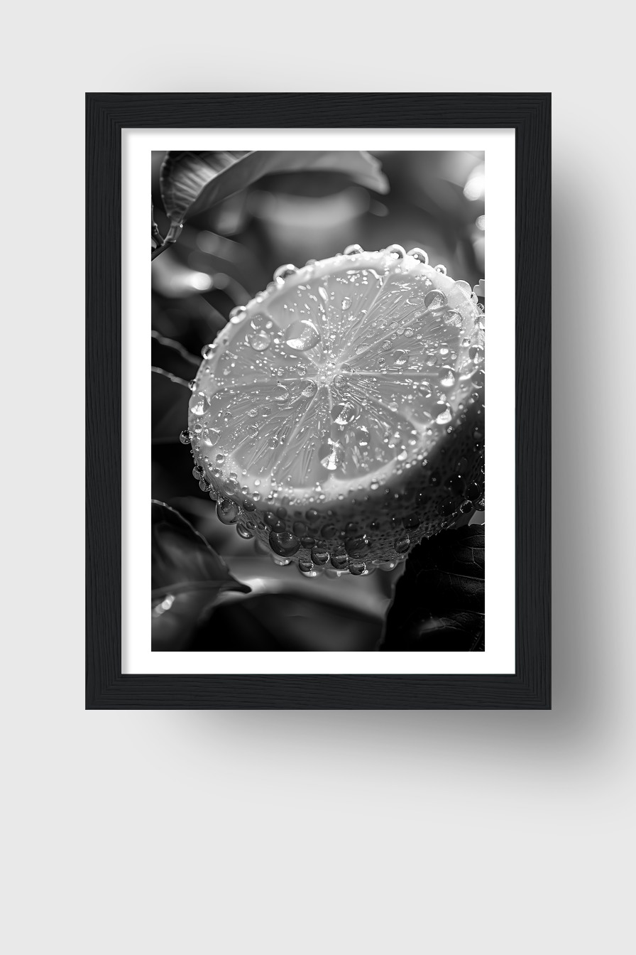 Fotografie Poster Zitrone Nahaufnahme Wassertropfen schwarzweiß