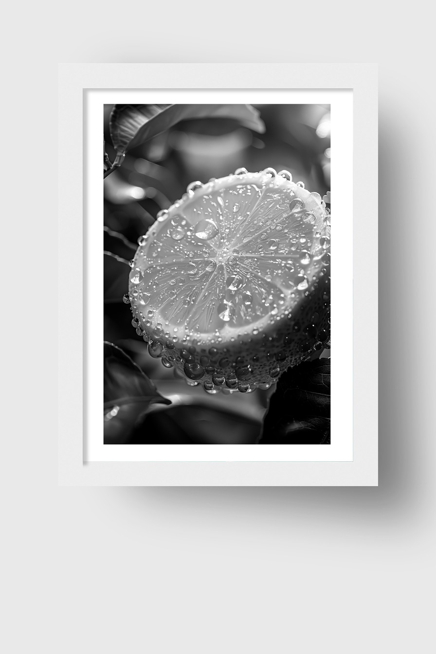 Fotografie Poster Zitrone Nahaufnahme Wassertropfen schwarzweiß