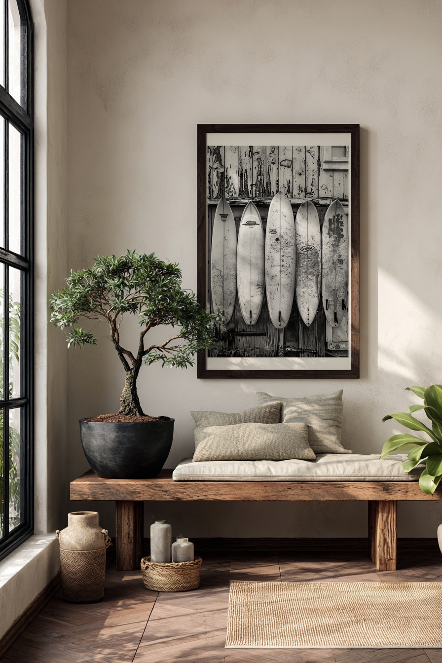 Fotografie Poster Surfbretter Schwarz-Weiß alt vintage