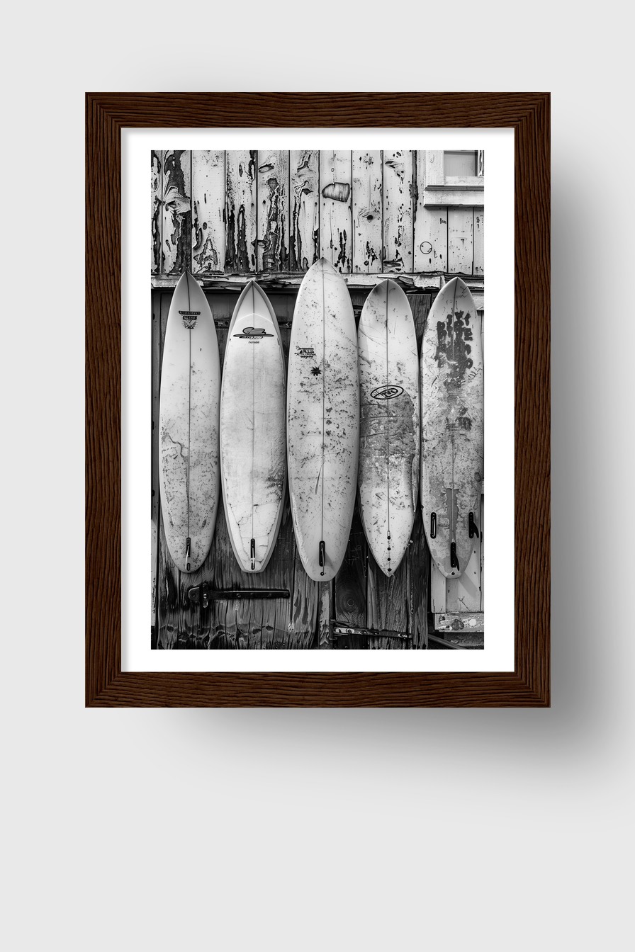 Fotografie Poster Surfbretter Schwarz-Weiß alt vintage