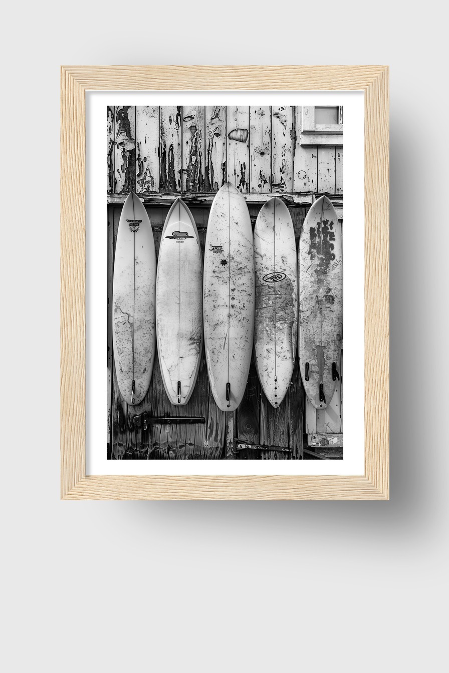 Fotografie Poster Surfbretter Schwarz-Weiß alt vintage