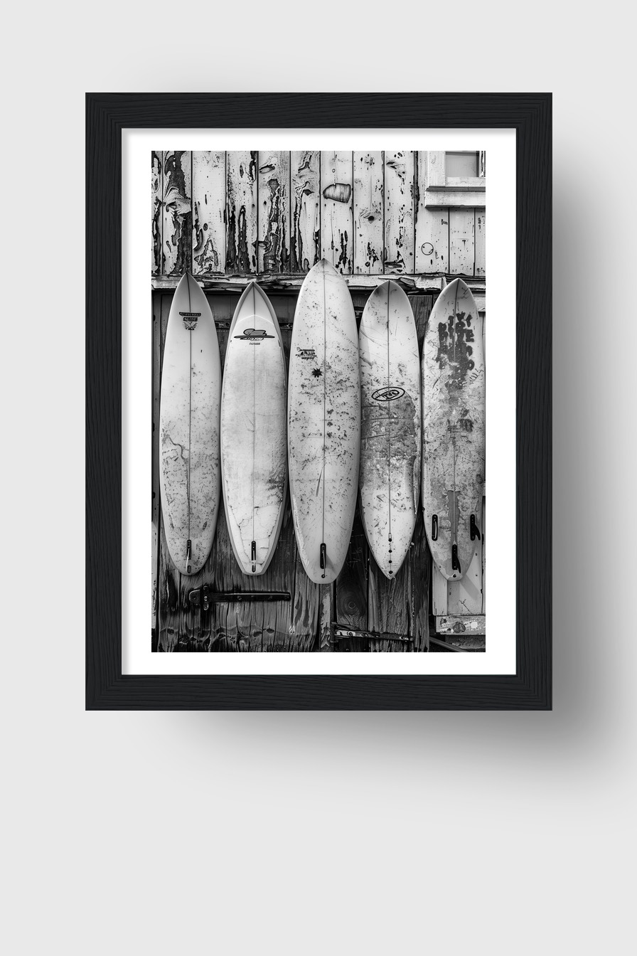 Fotografie Poster Surfbretter Schwarz-Weiß alt vintage