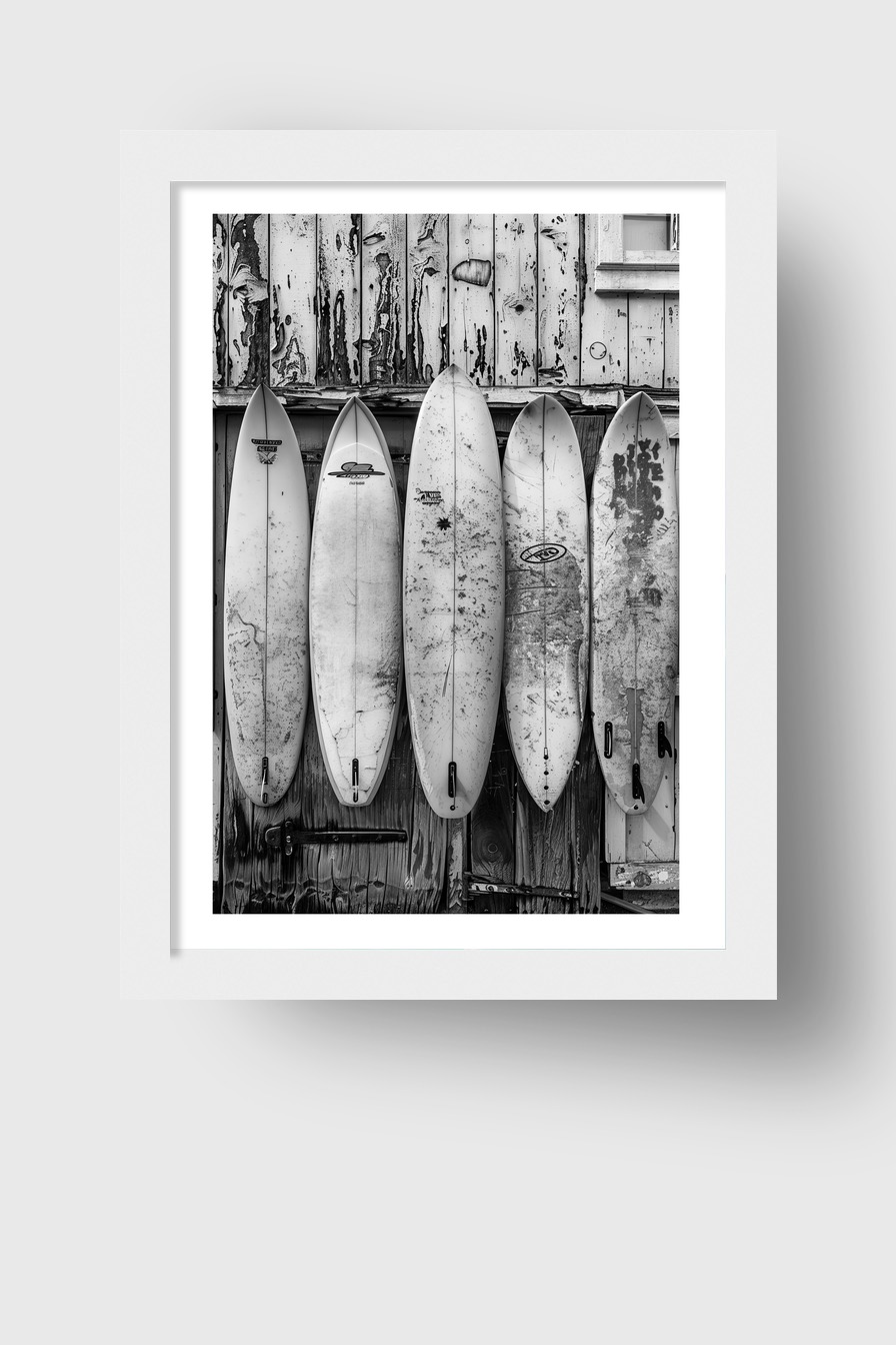 Fotografie Poster Surfbretter Schwarz-Weiß alt vintage