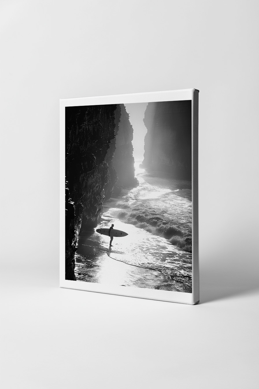 Fotografie Poster Surfer Küste schwarz-weiß