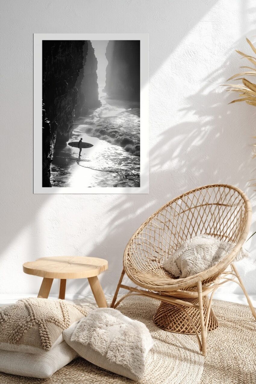 Fotografie Poster Surfer Küste schwarz-weiß