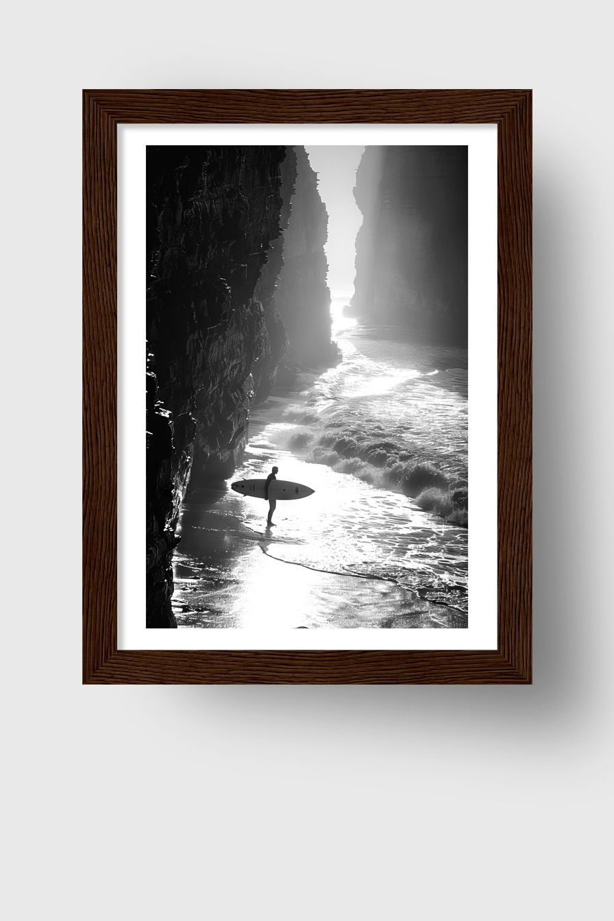 Fotografie Poster Surfer Küste schwarz-weiß