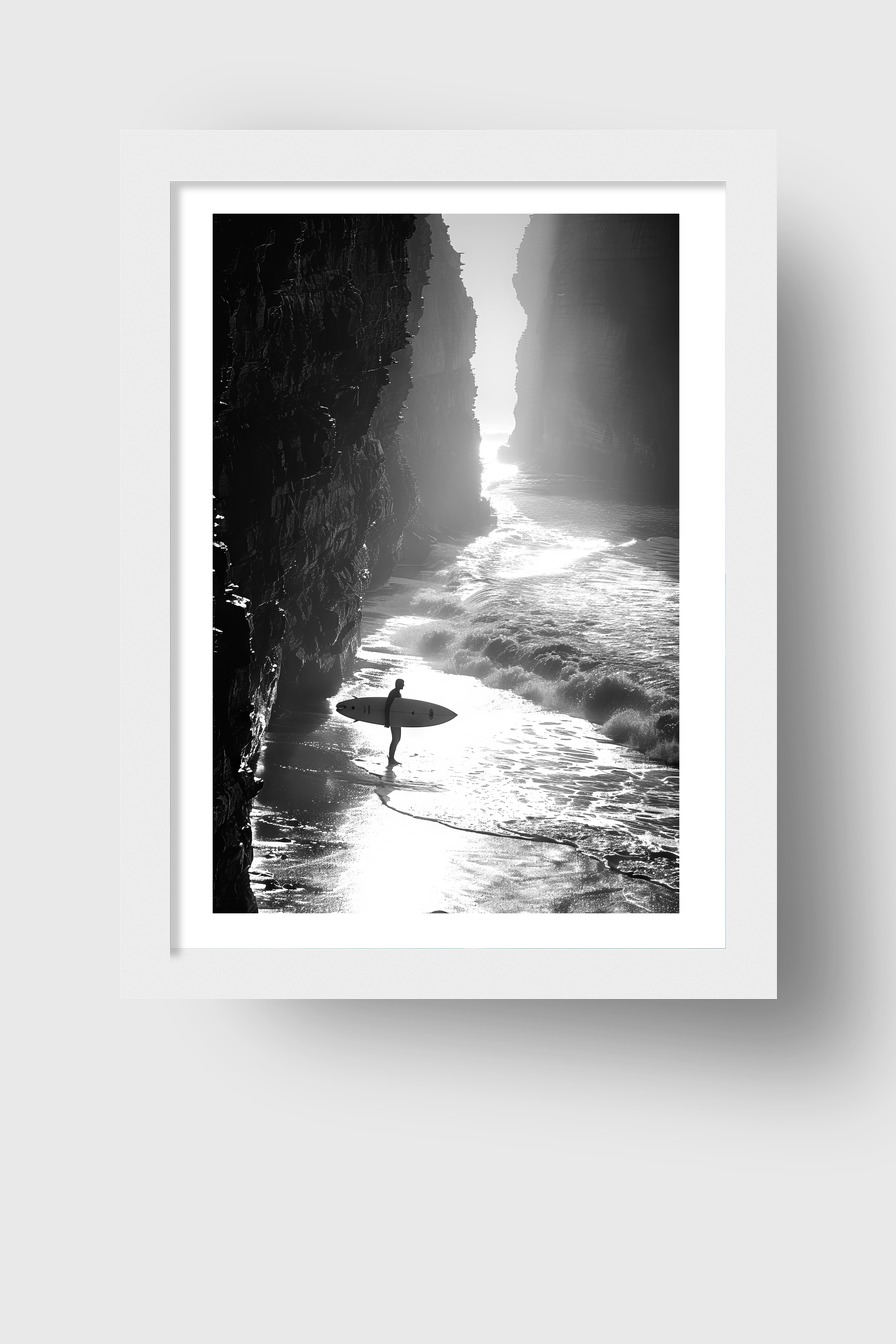 Fotografie Poster Surfer Küste schwarz-weiß