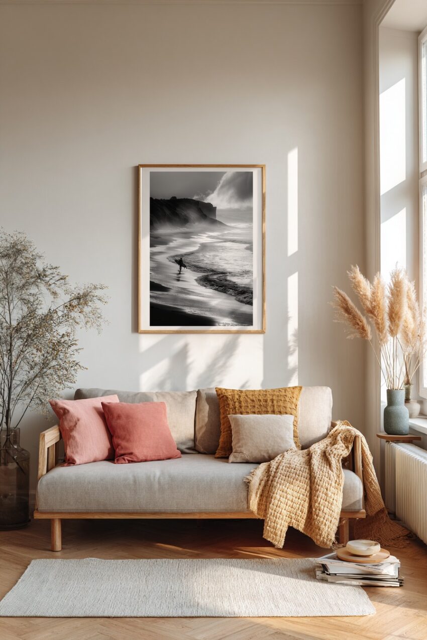 Fotografie Poster Surfer Strand schwarz-weiß Küste