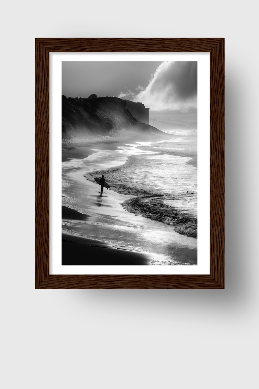 Fotografie Poster Surfer Strand schwarz-weiß Küste