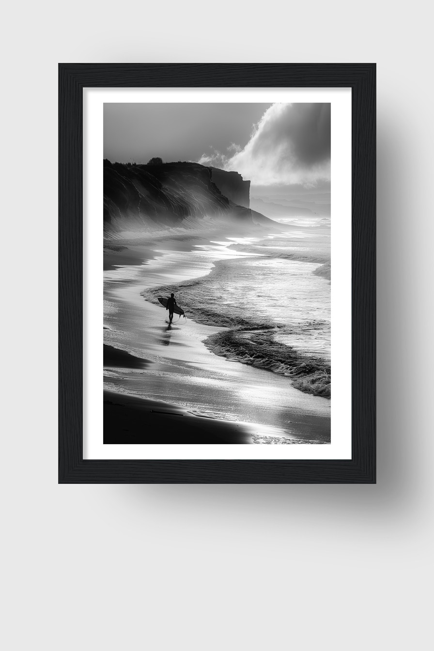Fotografie Poster Surfer Strand schwarz-weiß Küste